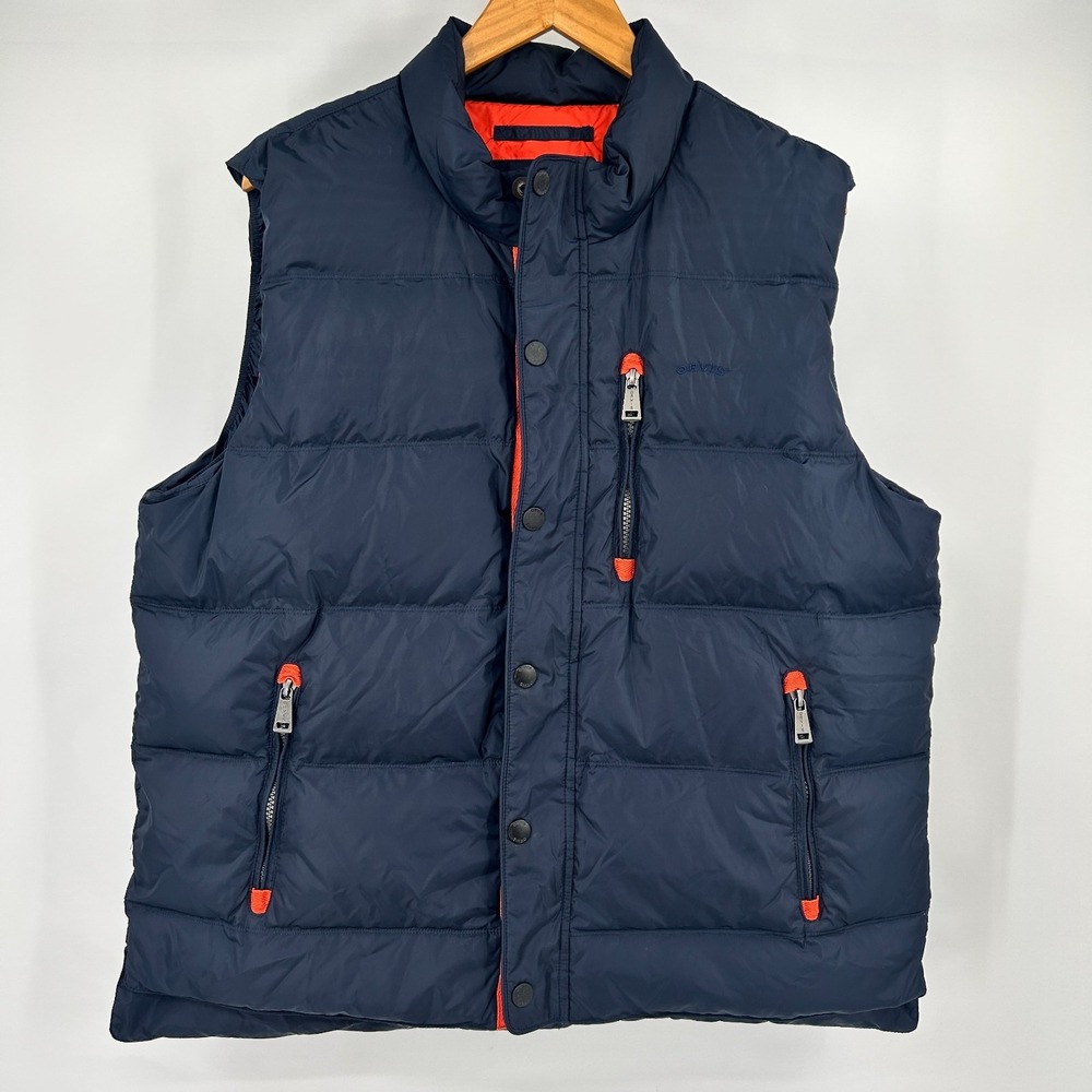Orvis Goose Down Puffer Vest Mens L Full Snap Logo Blue Fisherman Preppy 90s
